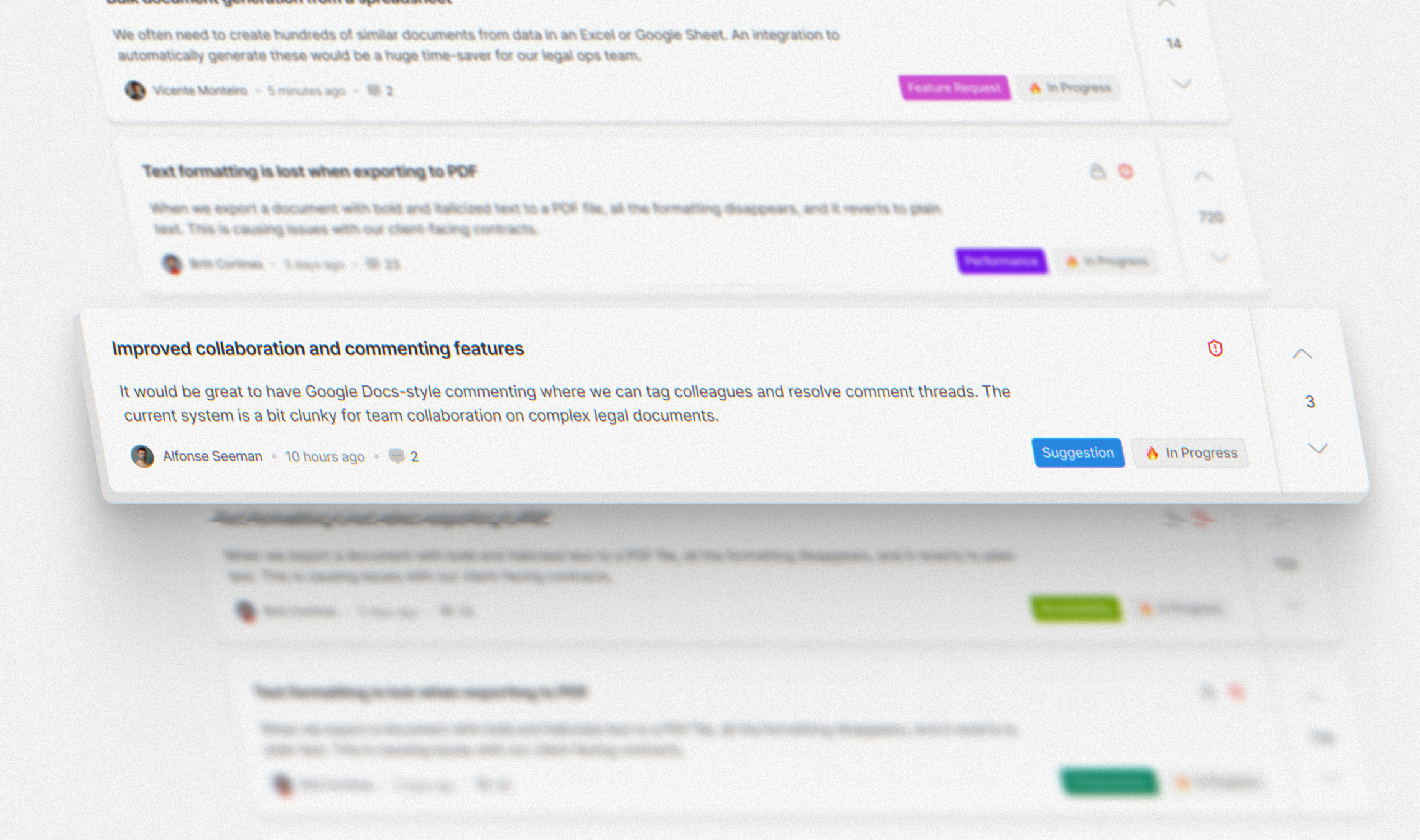 WorkWonders feedback board showing user ideas, voting, and product prioritization tools